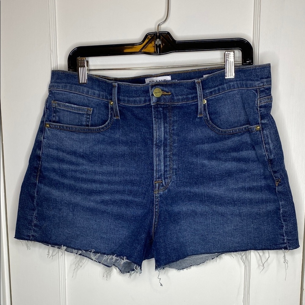 Frame Le Brigette Denim Blue Cut-off Jean Shorts High-Waisted Raw Hem. Size 32